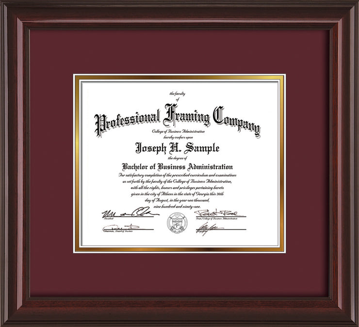 Image of Custom Mahogany Lacquer Art and Document Frame with Maroon on Gold Mat