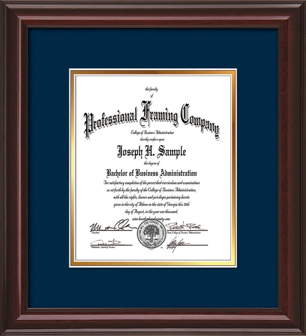 Image of Custom Mahogany Lacquer Art and Document Frame with Navy on Gold Mat Vertical
