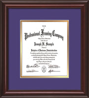 Image of Custom Mahogany Lacquer Art and Document Frame with Purple on Gold Mat Vertical