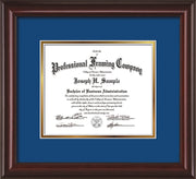 Image of Custom Mahogany Lacquer Art and Document Frame with Royal Blue on Gold Mat