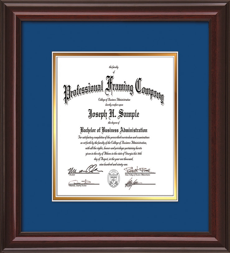 Image of Custom Mahogany Lacquer Art and Document Frame with Royal Blue on Gold Mat Vertical