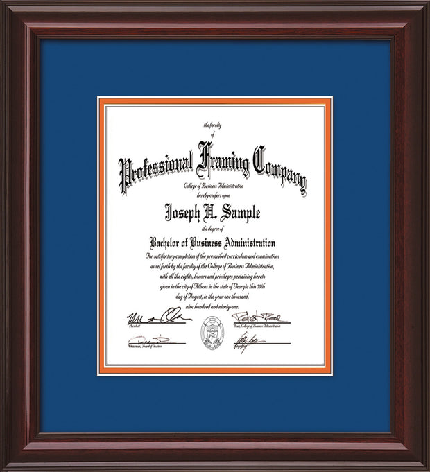 Image of Custom Mahogany Lacquer Art and Document Frame with Royal Blue on Orange Mat Vertical