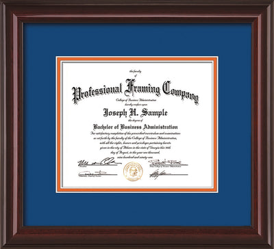Image of Custom Mahogany Lacquer Art and Document Frame with Royal Blue on Orange Mat