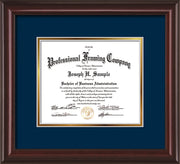 Image of Custom Mahogany Lacquer Art and Document Frame with Navy on Gold Mat