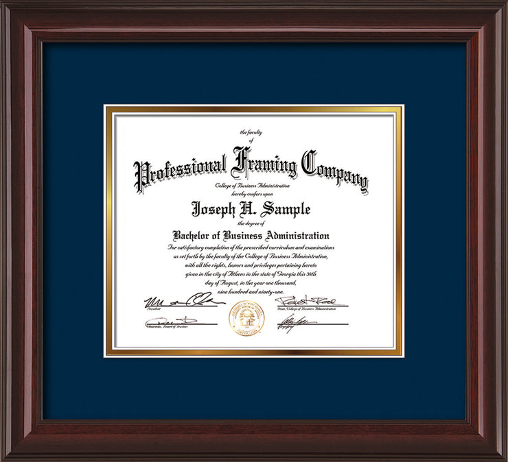 Image of Custom Mahogany Lacquer Art and Document Frame with Navy on Gold Mat