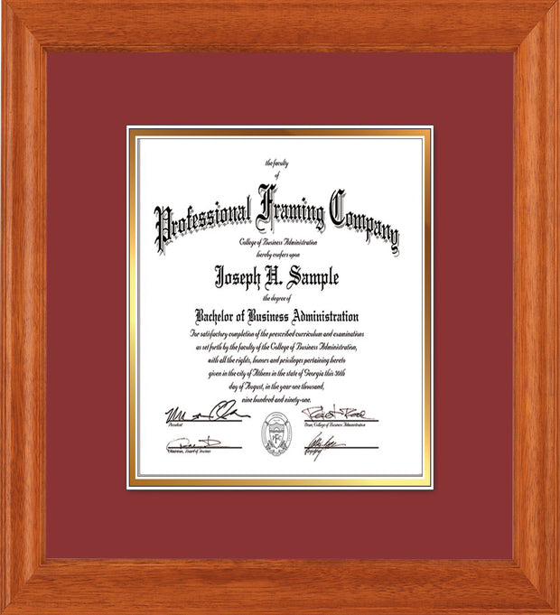 Image of Custom Oak Art and Document Frame with Garnet on Gold Mat Vertical