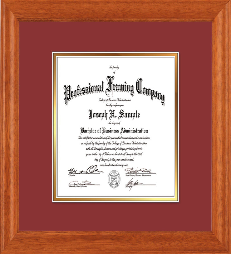 Image of Custom Oak Art and Document Frame with Garnet on Gold Mat Vertical
