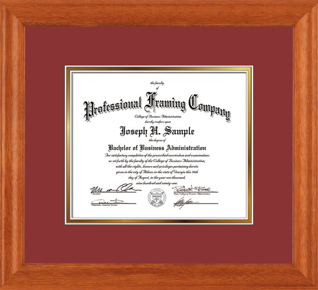 Image of Custom Oak Art and Document Frame with Garnet on Gold Mat