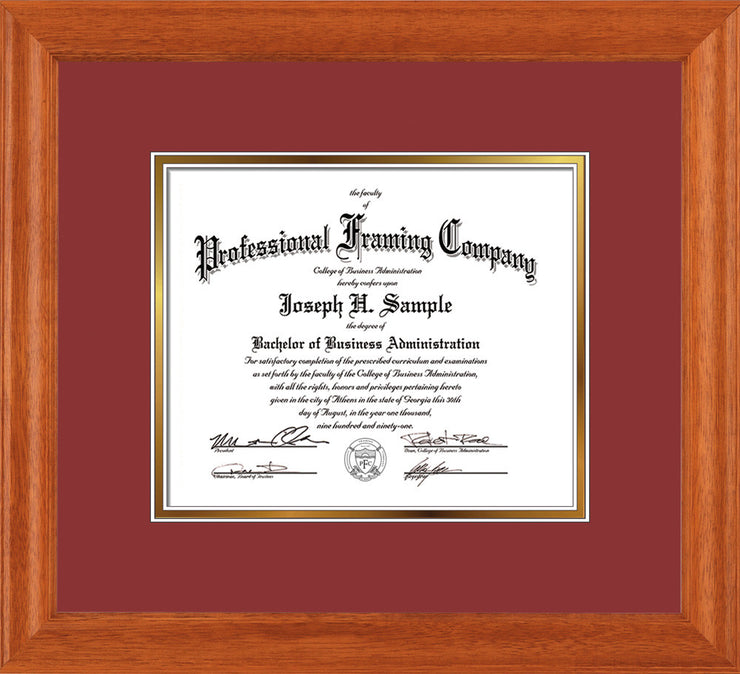Image of Custom Oak Art and Document Frame with Garnet on Gold Mat
