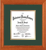 Image of Custom Oak Art and Document Frame with Green on Gold Mat Vertical
