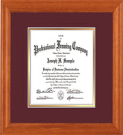 Image of Custom Oak Art and Document Frame with Maroon on Gold Mat Vertical