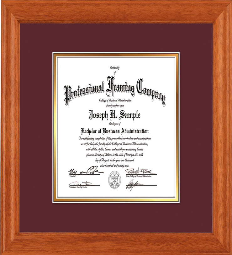 Image of Custom Oak Art and Document Frame with Maroon on Gold Mat Vertical