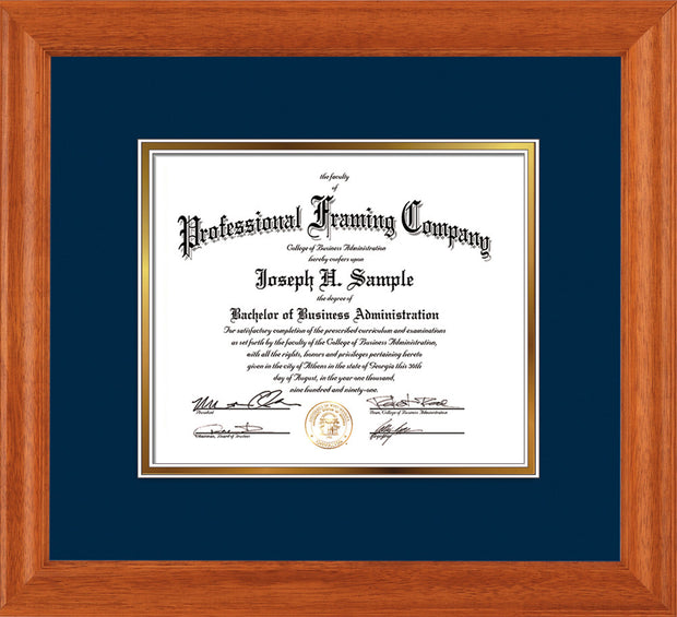 Image of Custom Oak Art and Document Frame with Navy on Gold Mat