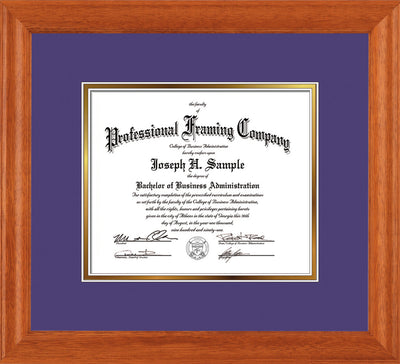 Image of Custom Oak Art and Document Frame with Purple on Gold Mat