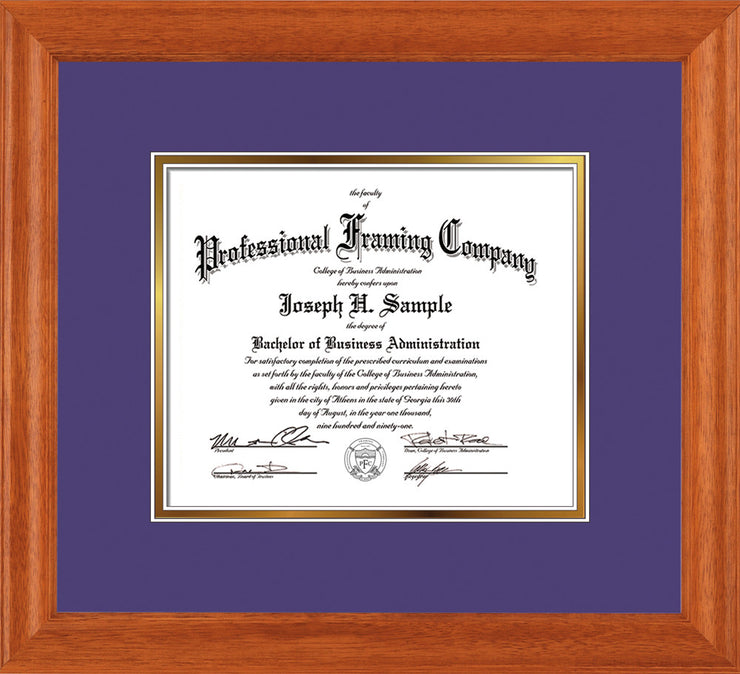 Image of Custom Oak Art and Document Frame with Purple on Gold Mat