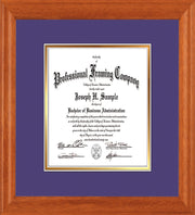 Image of Custom Oak Art and Document Frame with Purple on Gold Mat Vertical