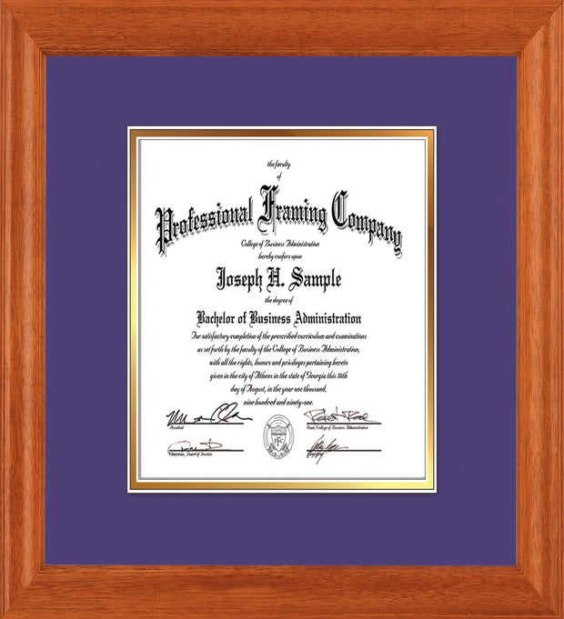 Image of Custom Oak Art and Document Frame with Purple on Gold Mat Vertical