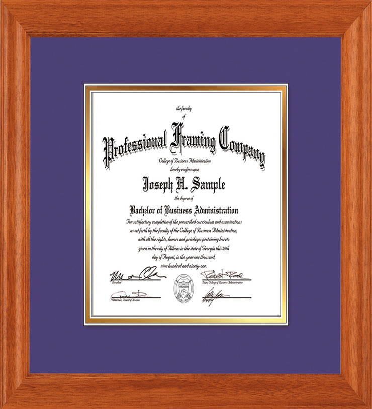 Image of Custom Oak Art and Document Frame with Purple on Gold Mat Vertical