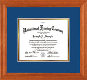 Image of Custom Oak Art and Document Frame with Royal Blue on Gold Mat