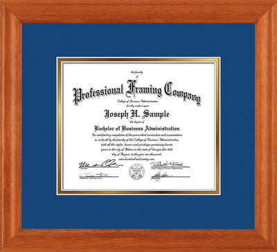 Image of Custom Oak Art and Document Frame with Royal Blue on Gold Mat