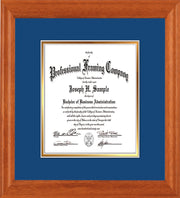 Image of Custom Oak Art and Document Frame with Royal Blue on Gold Mat Vertical