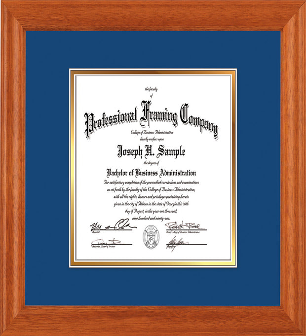 Image of Custom Oak Art and Document Frame with Royal Blue on Gold Mat Vertical