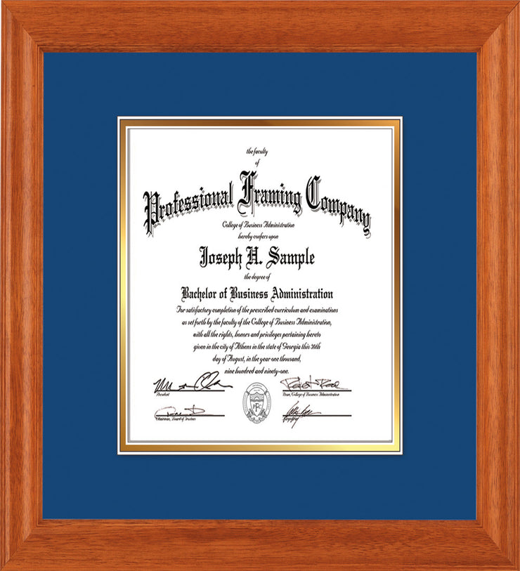 Image of Custom Oak Art and Document Frame with Royal Blue on Gold Mat Vertical