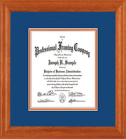 Image of Custom Oak Art and Document Frame with Royal Blue on Orange Mat Vertical
