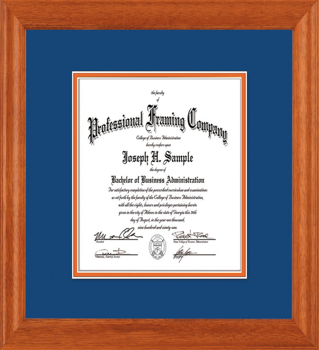 Image of Custom Oak Art and Document Frame with Royal Blue on Orange Mat Vertical