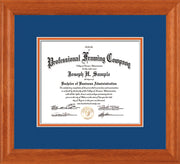 Image of Custom Oak Art and Document Frame with Royal Blue on Orange Mat