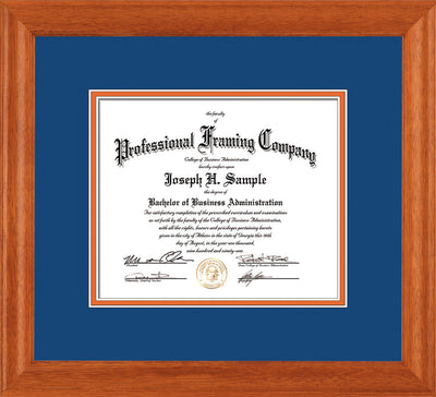 Image of Custom Oak Art and Document Frame with Royal Blue on Orange Mat