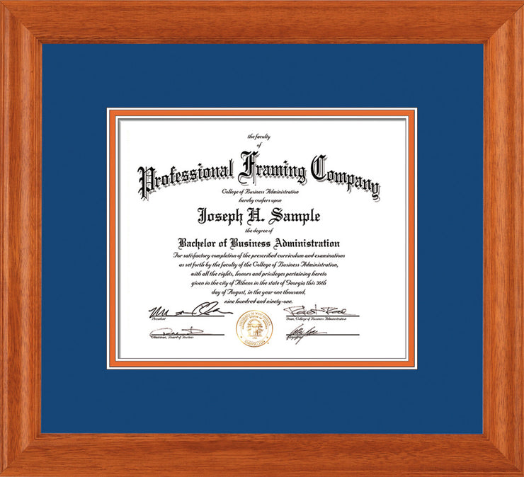 Image of Custom Oak Art and Document Frame with Royal Blue on Orange Mat