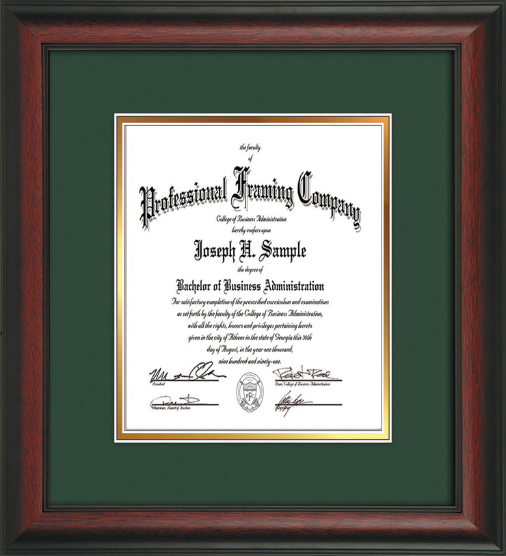 Image of Custom Rosewood Art and Document Frame with Green on Gold Mat Vertical