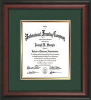 Image of Custom Rosewood Art and Document Frame with Green on Gold Mat Vertical