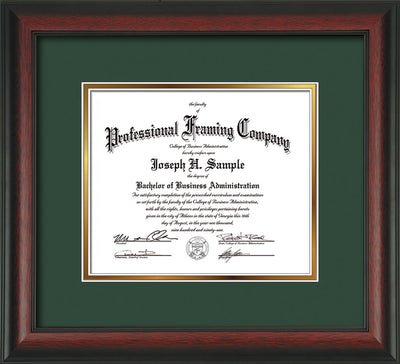 Image of Custom Rosewood Art and Document Frame with Green on Gold Mat