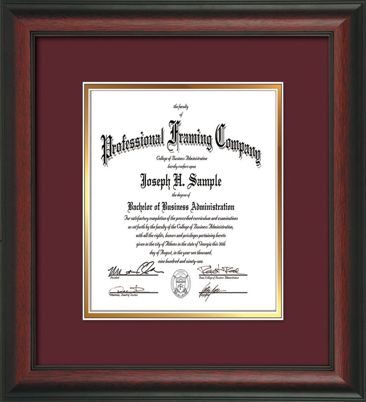 Image of Custom Rosewood Art and Document Frame with Maroon on Gold Mat Vertical