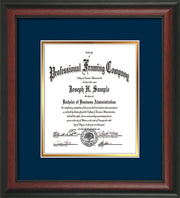 Image of Custom Rosewood Art and Document Frame with Navy on Gold Mat Vertical
