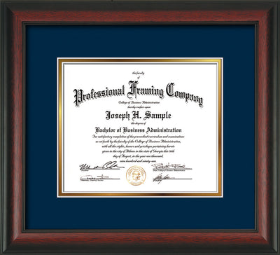 Image of Custom Rosewood Art and Document Frame with Navy on Gold Mat