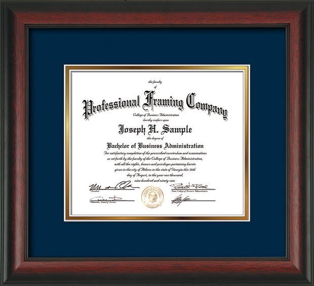 Image of Custom Rosewood Art and Document Frame with Navy on Gold Mat