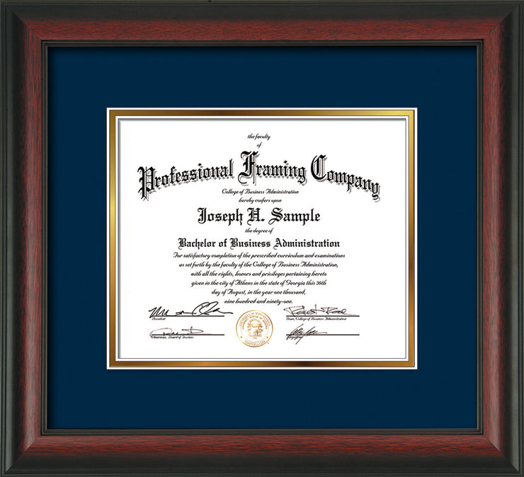 Image of Custom Rosewood Art and Document Frame with Navy on Gold Mat