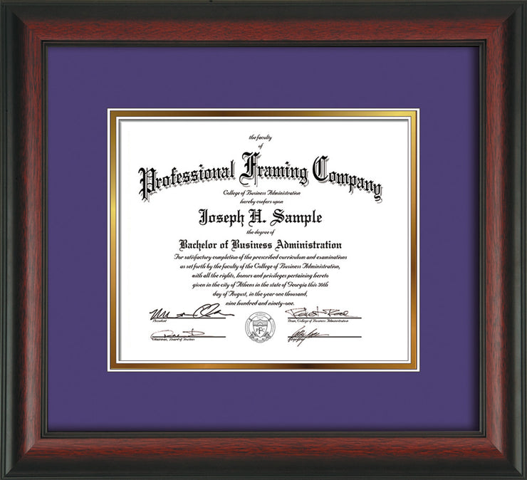 Image of Custom Rosewood Art and Document Frame with Purple on Gold Mat