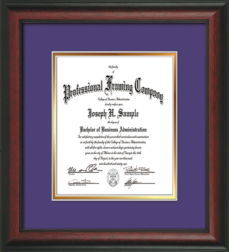 Image of Custom Rosewood Art and Document Frame with Purple on Gold Mat Vertical