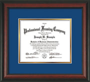 Image of Custom Rosewood Art and Document Frame with Royal Blue on Gold Mat
