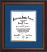 Image of Custom Rosewood Art and Document Frame with Royal Blue on Gold Mat Vertical