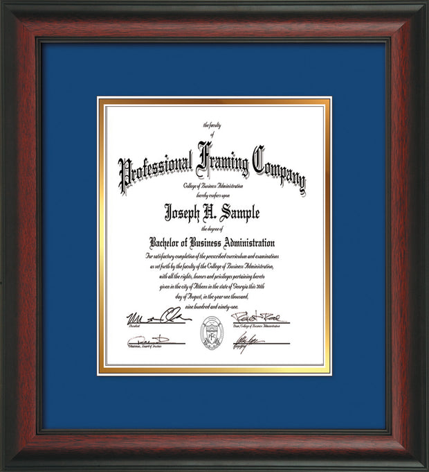 Image of Custom Rosewood Art and Document Frame with Royal Blue on Gold Mat Vertical