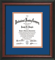 Image of Custom Rosewood Art and Document Frame with Royal Blue on Orange Mat Vertical