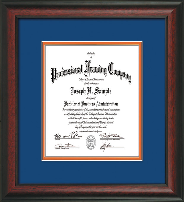 Image of Custom Rosewood Art and Document Frame with Royal Blue on Orange Mat Vertical