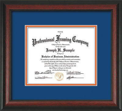 Image of Custom Rosewood Art and Document Frame with Royal Blue on Orange Mat
