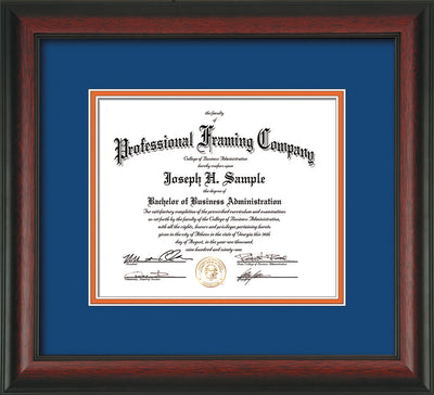 Image of Custom Rosewood Art and Document Frame with Royal Blue on Orange Mat