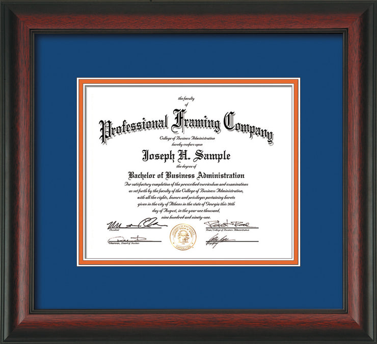 Image of Custom Rosewood Art and Document Frame with Royal Blue on Orange Mat